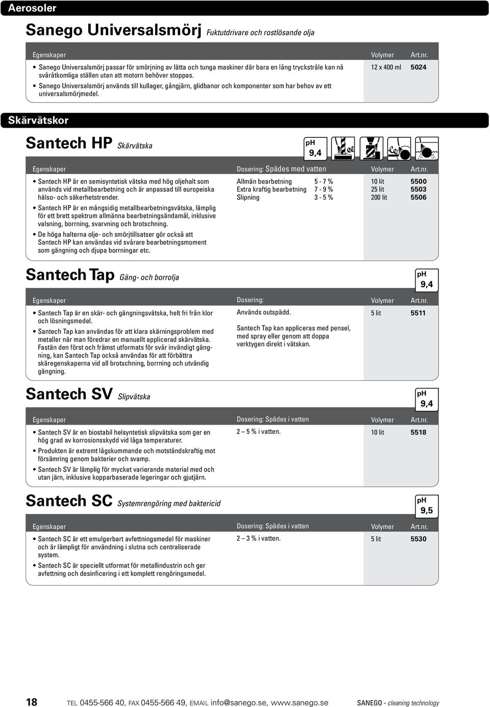 12 x 400 ml 5024 Skärvätskor Santech HP Skärvätska Santech HP är en semisyntetisk vätska med hög oljehalt som används vid metallbearbetning och är anpassad till europeiska hälso- och säkerhetstrender.