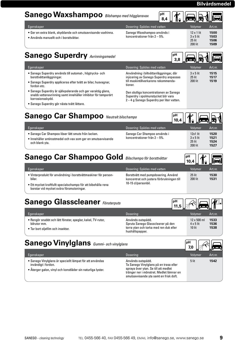12 x 1 lit 1500 3 x 5 lit 1503 25 lit 1506 200 lit 1509 Sanego Superdry Avrinningsmedel Sanego Superdry används till automat-, högtrycks- och borsttvättanläggningar.