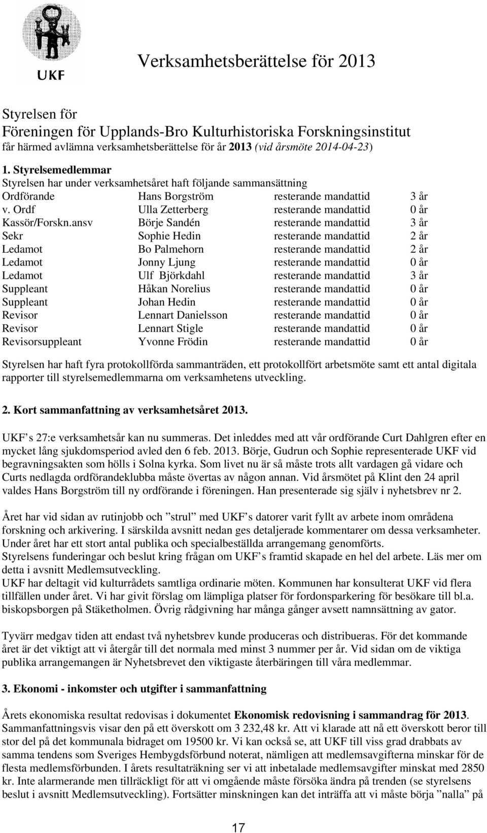 ansv Börje Sandén resterande mandattid 3 år Sekr Sophie Hedin resterande mandattid 2 år Ledamot Bo Palmehorn resterande mandattid 2 år Ledamot Jonny Ljung resterande mandattid 0 år Ledamot Ulf