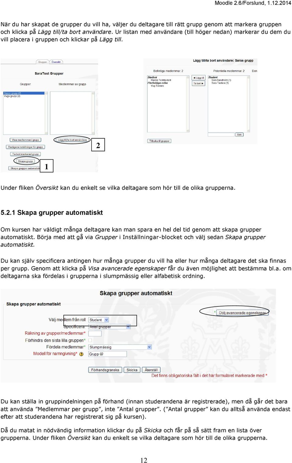 1 2 Under fliken Översikt kan du enkelt se vilka deltagare som hör till de olika grupperna. 5.2.1 Skapa grupper automatiskt Om kursen har väldigt många deltagare kan man spara en hel del tid genom att skapa grupper automatiskt.