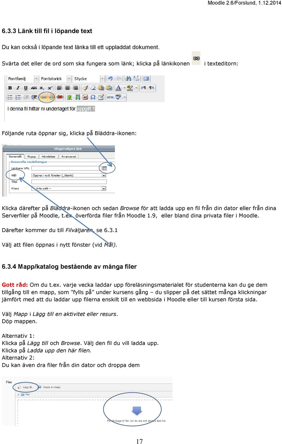 ladda upp en fil från din dator eller från dina Serverfiler på Moodle, t.ex. överförda filer från Moodle 1.9, eller bland dina privata filer i Moodle. Därefter kommer du till Filväljaren, se 6.3.