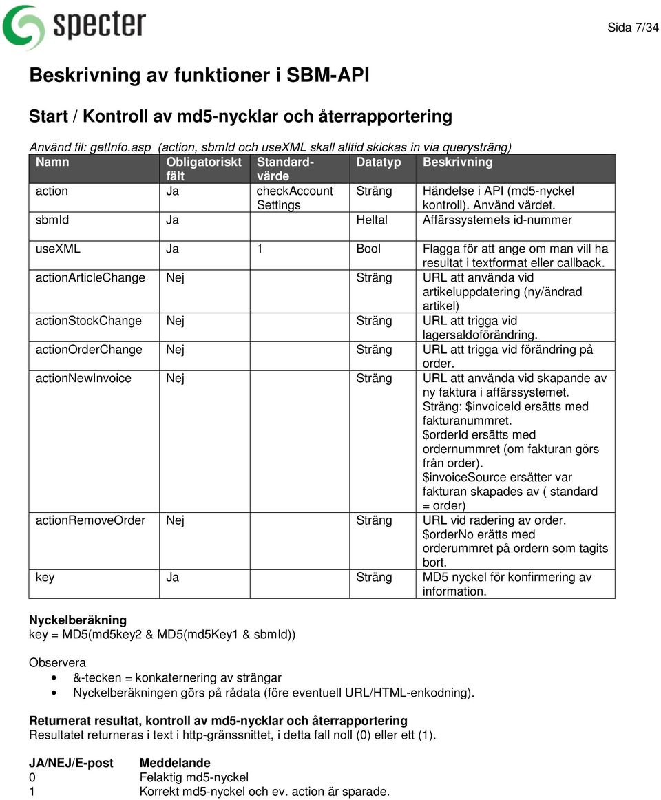 kontroll). Använd värdet. sbmid Ja Heltal Affärssystemets id-nummer usexml Ja 1 Bool Flagga för att ange om man vill ha resultat i textformat eller callback.