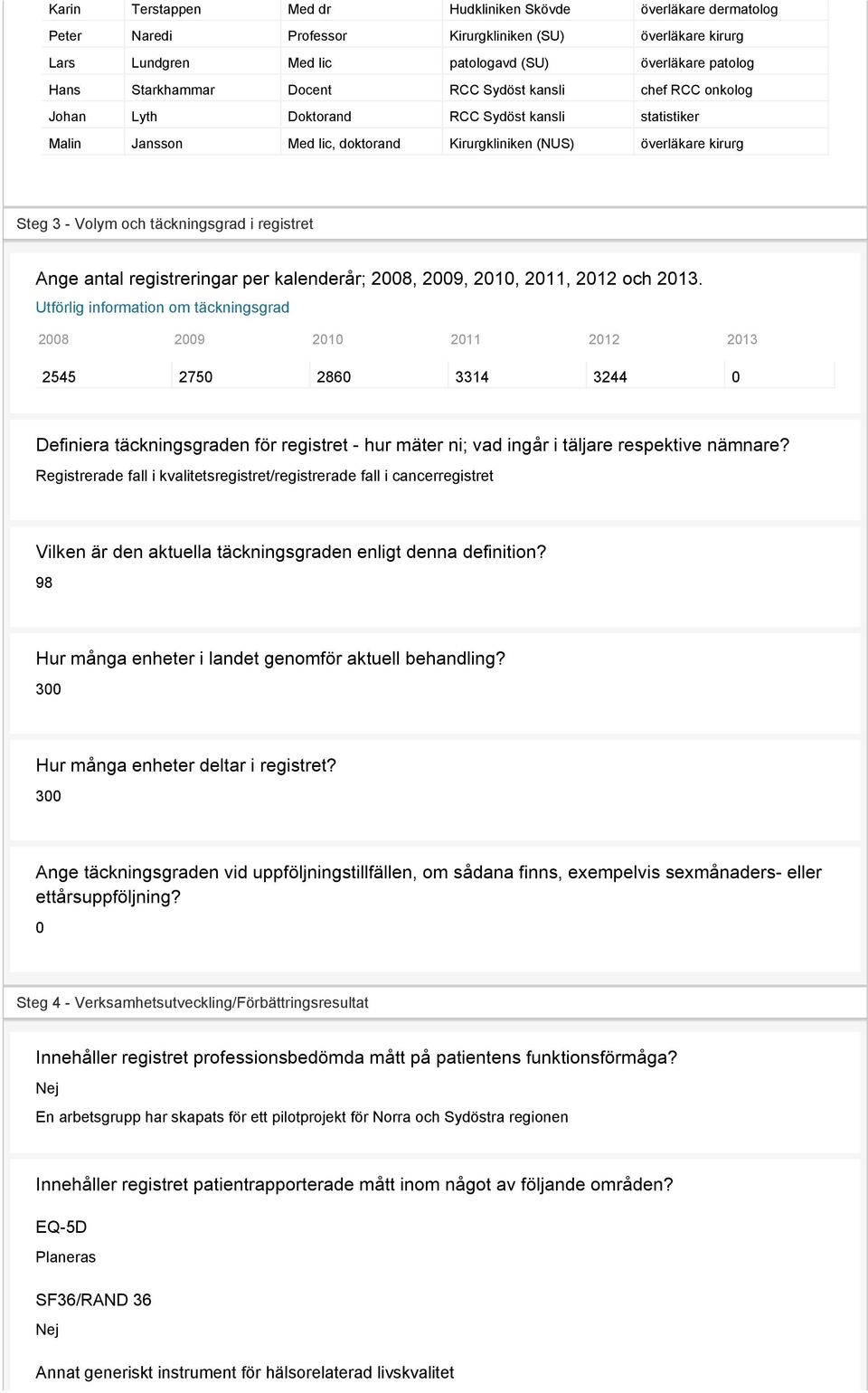 registret Ange antal registreringar per kalenderår; 2008, 2009, 2010, 2011, 2012 och 2013.