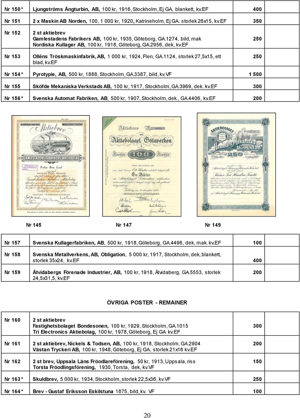 ef Olléns Tröskmaskinfabrik, AB, 1 000 kr, 1924, Flen, GA.1124, storlek 27,5x15, ett blad, kv.ef 250 250 Nr 154 * Pyrotypie, AB, 500 kr, 1888, Stockholm, GA.3387, bild, kv.