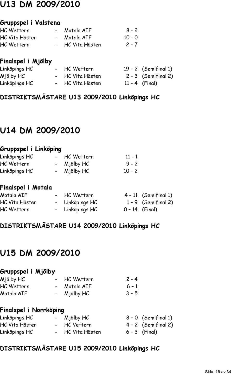 11-1 HC Wettern - Mjölby HC 9-2 Linköpings HC - Mjölby HC 10 2 Finalspel i Motala Motala AIF - HC Wettern 4 11 (Semifinal 1) HC Vita Hästen - Linköpings HC 1 9 (Semifinal 2) HC Wettern - Linköpings