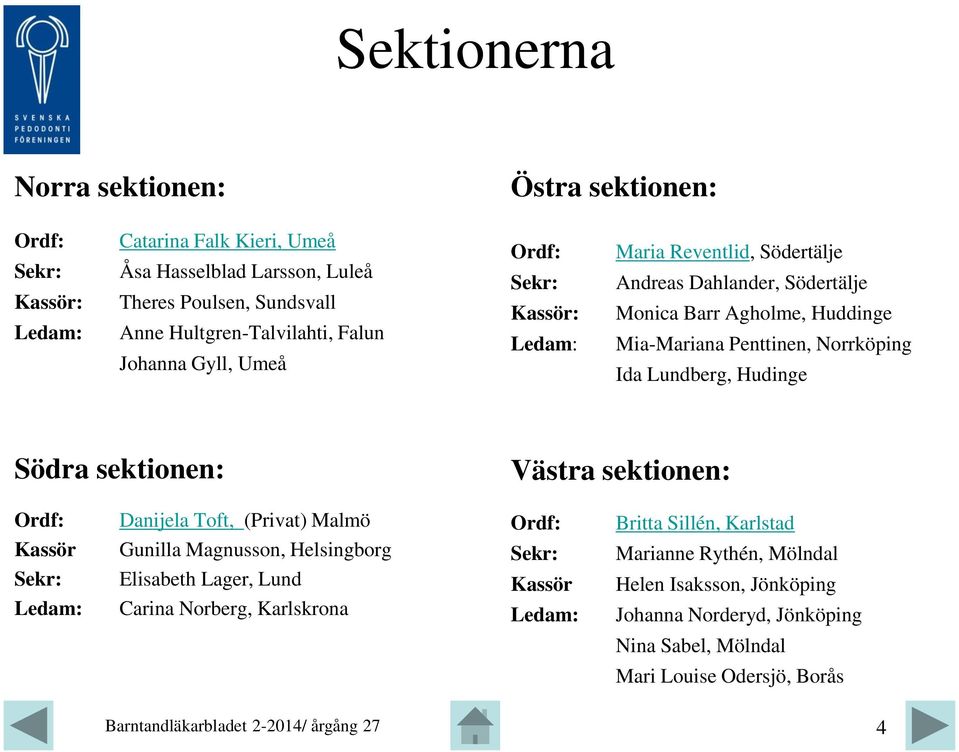 Lundberg, Hudinge Södra sektionen: Västra sektionen: Ordf: Danijela Toft, (Privat) Malmö Ordf: Britta Sillén, Karlstad Kassör Sekr: Ledam: Gunilla Magnusson, Helsingborg Elisabeth