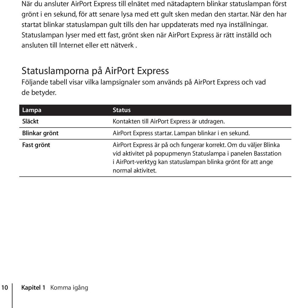 Statuslampan lyser med ett fast, grönt sken när AirPort Express är rätt inställd och ansluten till Internet eller ett nätverk.