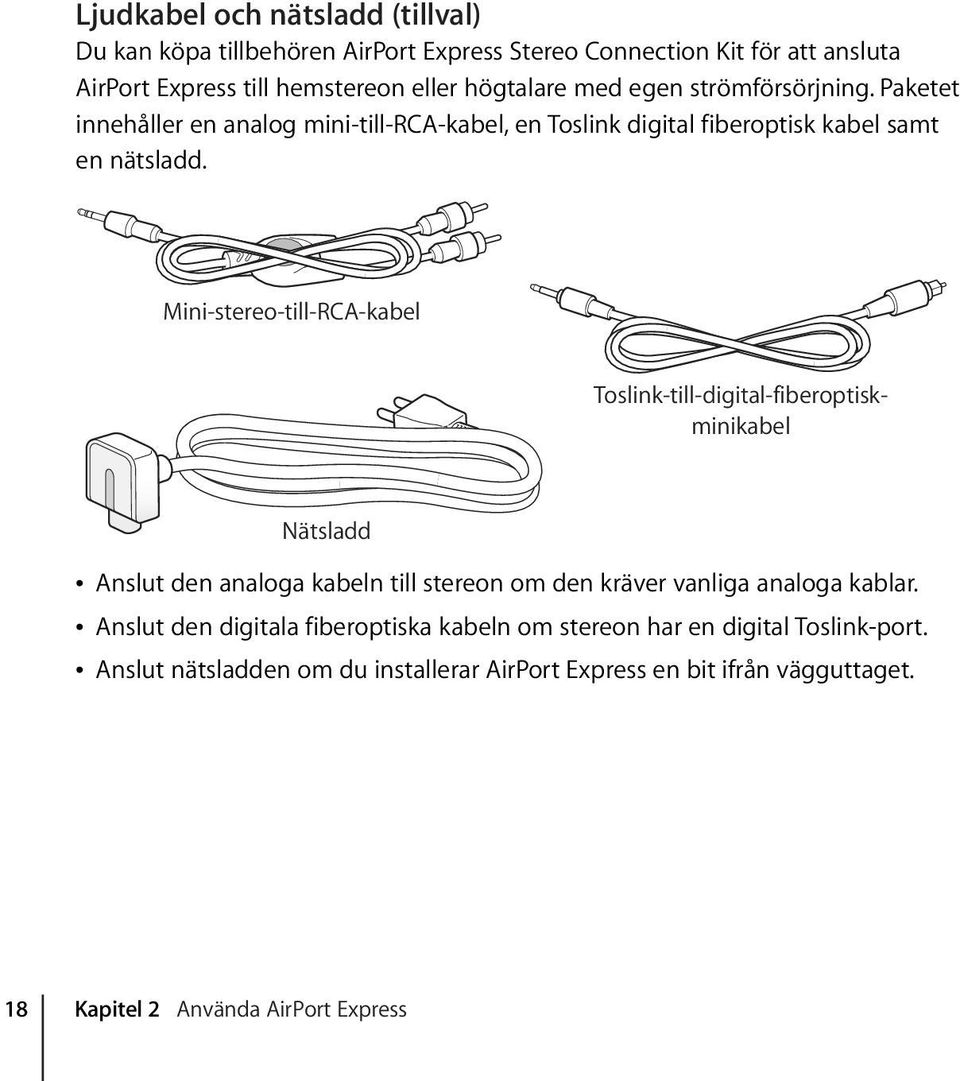 Mini-stereo-till-RCA-kabel Toslink-till-digital-fiberoptiskminikabel Nätsladd Â Anslut den analoga kabeln till stereon om den kräver vanliga analoga kablar.