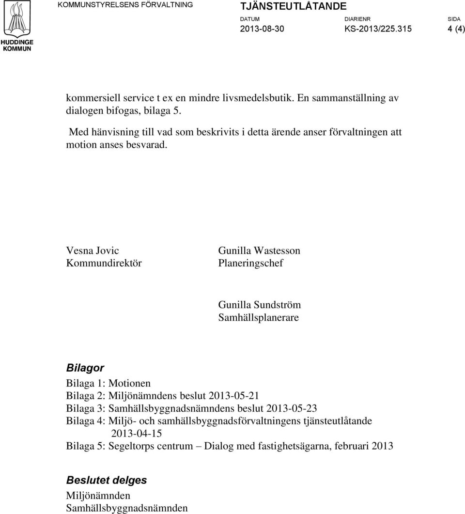 Vesna Jovic Kommundirektör Gunilla Wastesson Planeringschef Gunilla Sundström Samhällsplanerare Bilagor Bilaga 1: Motionen Bilaga 2: Miljönämndens beslut 2013-05-21 Bilaga 3: