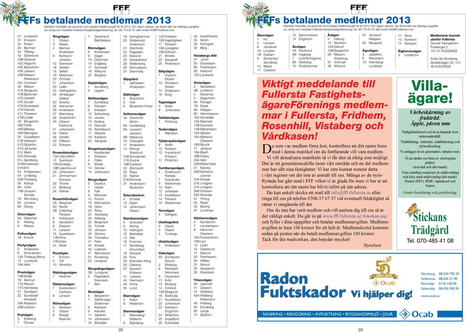 Jantunen 51J Malm 51K Porkolab 51L Sandberg 51M Andersson 51N Ehn 52 Kristjansson 54 Lindberg 55B Thorberg 56 Karloja 66 Collin 74B Jouquin/ Santala 78 Blomberg 84 Jonsson 86 Öberg Orionvägen 5A