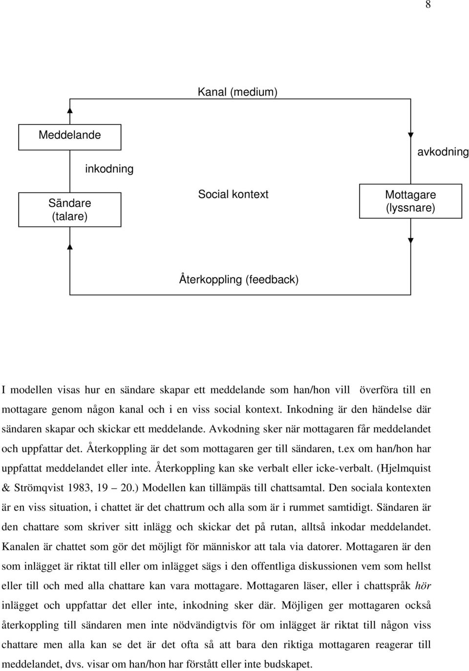 Avkodning sker när mottagaren får meddelandet och uppfattar det. Återkoppling är det som mottagaren ger till sändaren, t.ex om han/hon har uppfattat meddelandet eller inte.