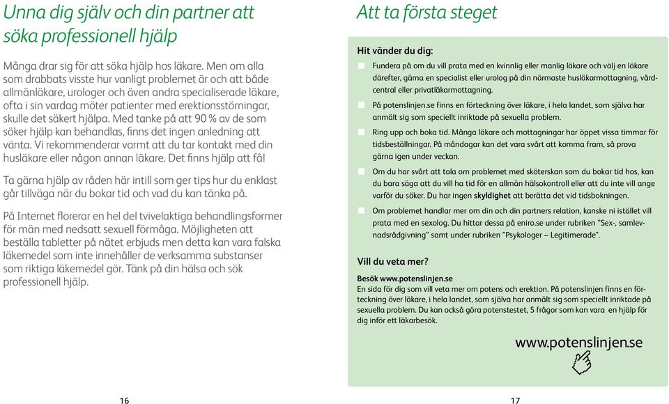 det säkert hjälpa. Med tanke på att 90 % av de som söker hjälp kan behandlas, finns det ingen anledning att vänta. Vi rekommenderar varmt att du tar kontakt med din husläkare eller någon annan läkare.