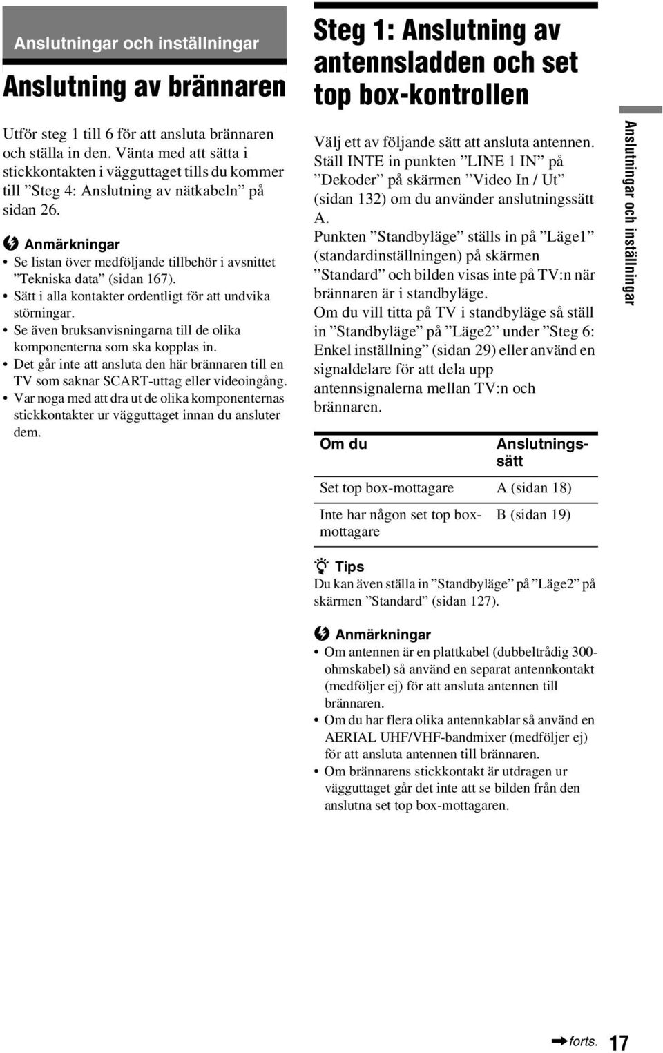 b Anmärkningar Se listan över medföljande tillbehör i avsnittet Tekniska data (sidan 167). Sätt i alla kontakter ordentligt för att undvika störningar.