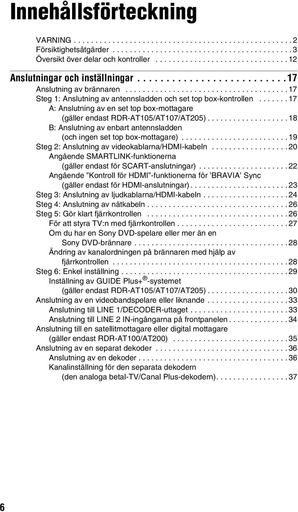 ...... 17 A: Anslutning av en set top box-mottagare (gäller endast RDR-AT105/AT107/AT205)................... 18 B: Anslutning av enbart antennsladden (och ingen set top box-mottagare).