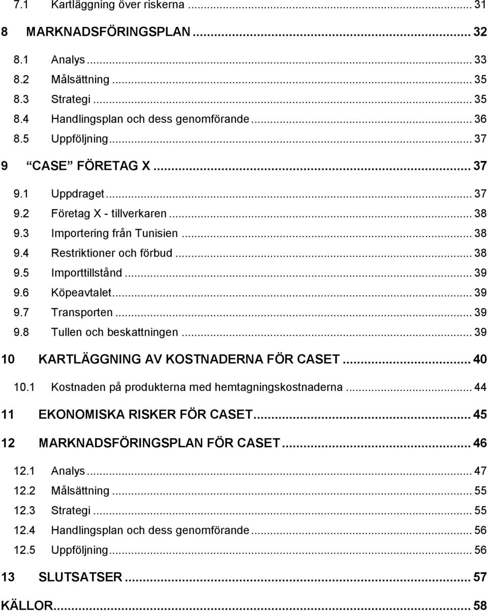 .. 39 9.7 Transporten... 39 9.8 Tullen och beskattningen... 39 10 KARTLÄGGNING AV KOSTNADERNA FÖR CASET... 40 10.1 Kostnaden på produkterna med hemtagningskostnaderna.