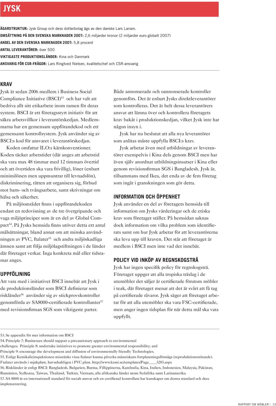 produktionsländer: Kina och Danmark Ansvarig för CSR-frågor: Lars Ringtved Nielsen, kvalitetschef och CSR-ansvarig Krav Jysk är sedan 2006 medlem i Business Social Compliance Initiative (BSCI) 53 och