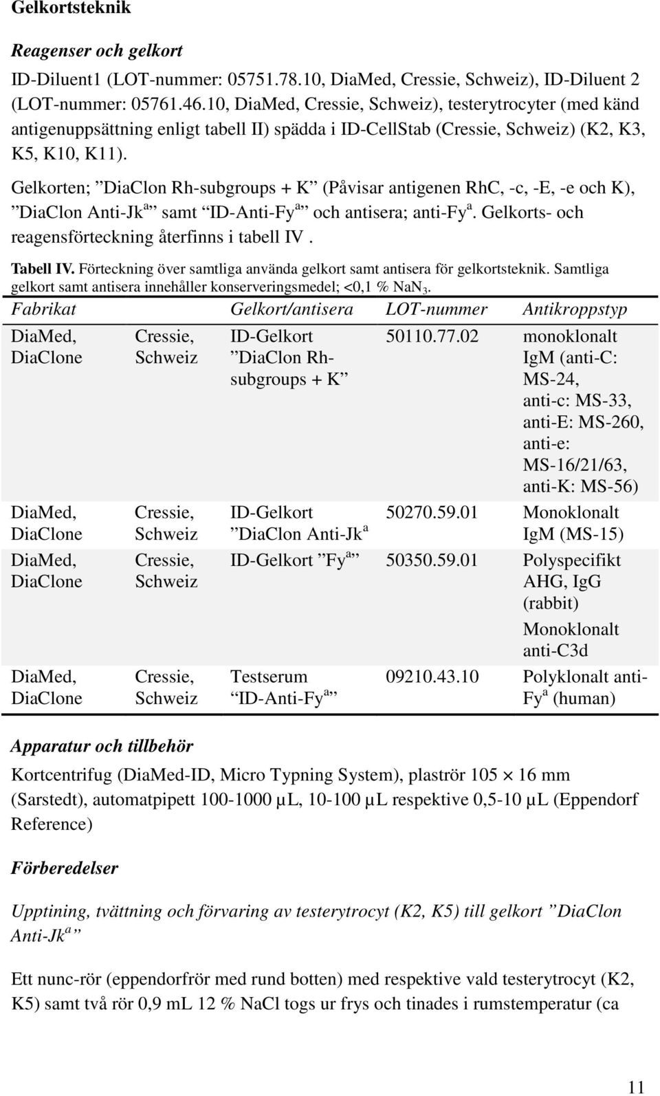 Gelkorten; DiaClon Rh-subgroups + K (Påvisar antigenen RhC, -c, -E, -e och K), DiaClon Anti-Jk a samt ID-Anti-Fy a och antisera; anti-fy a. Gelkorts- och reagensförteckning återfinns i tabell IV.