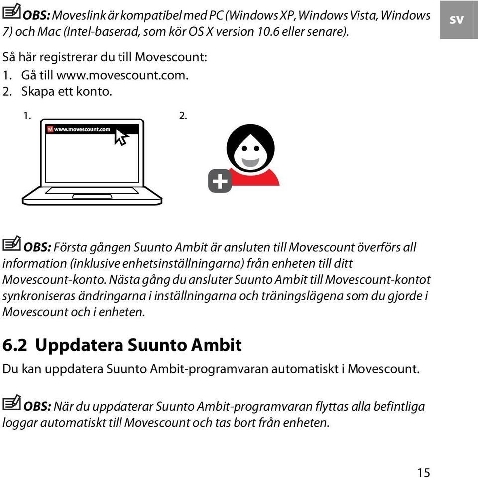 Nästa gång du ansluter Suunto Ambit till Movescount-kontot synkroniseras ändringarna i inställningarna och träningslägena som du gjorde i Movescount och i enheten. 6.