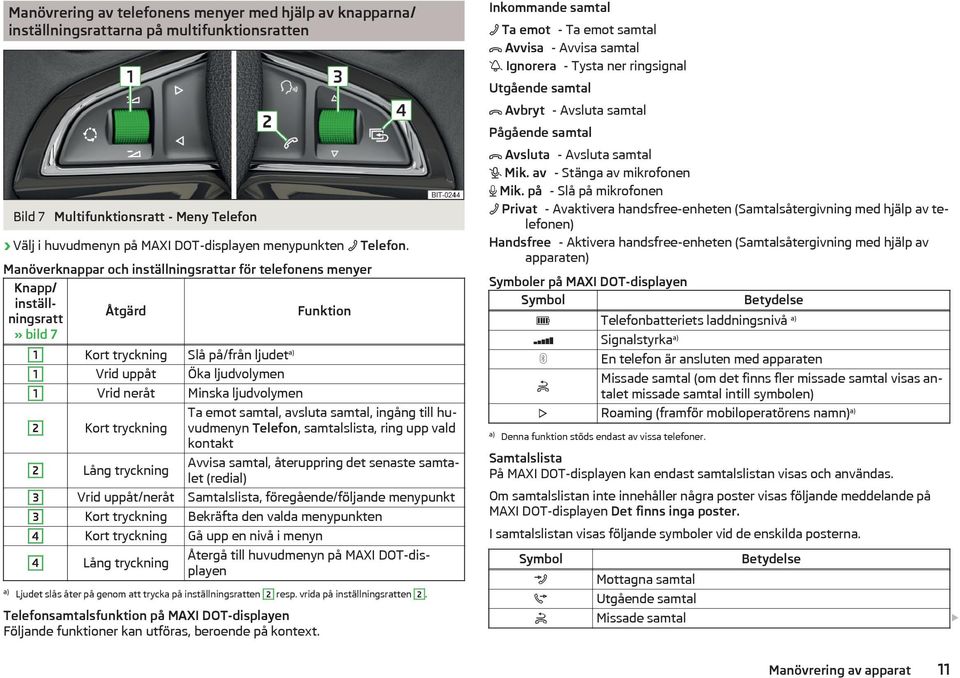 Manöverknappar och inställningsrattar för telefonens menyer Knapp/ inställningsratt» bild 7 Åtgärd Funktion 1 Kort tryckning Slå på/från ljudet a) 1 Vrid uppåt Öka ljudvolymen 1 Vrid neråt Minska