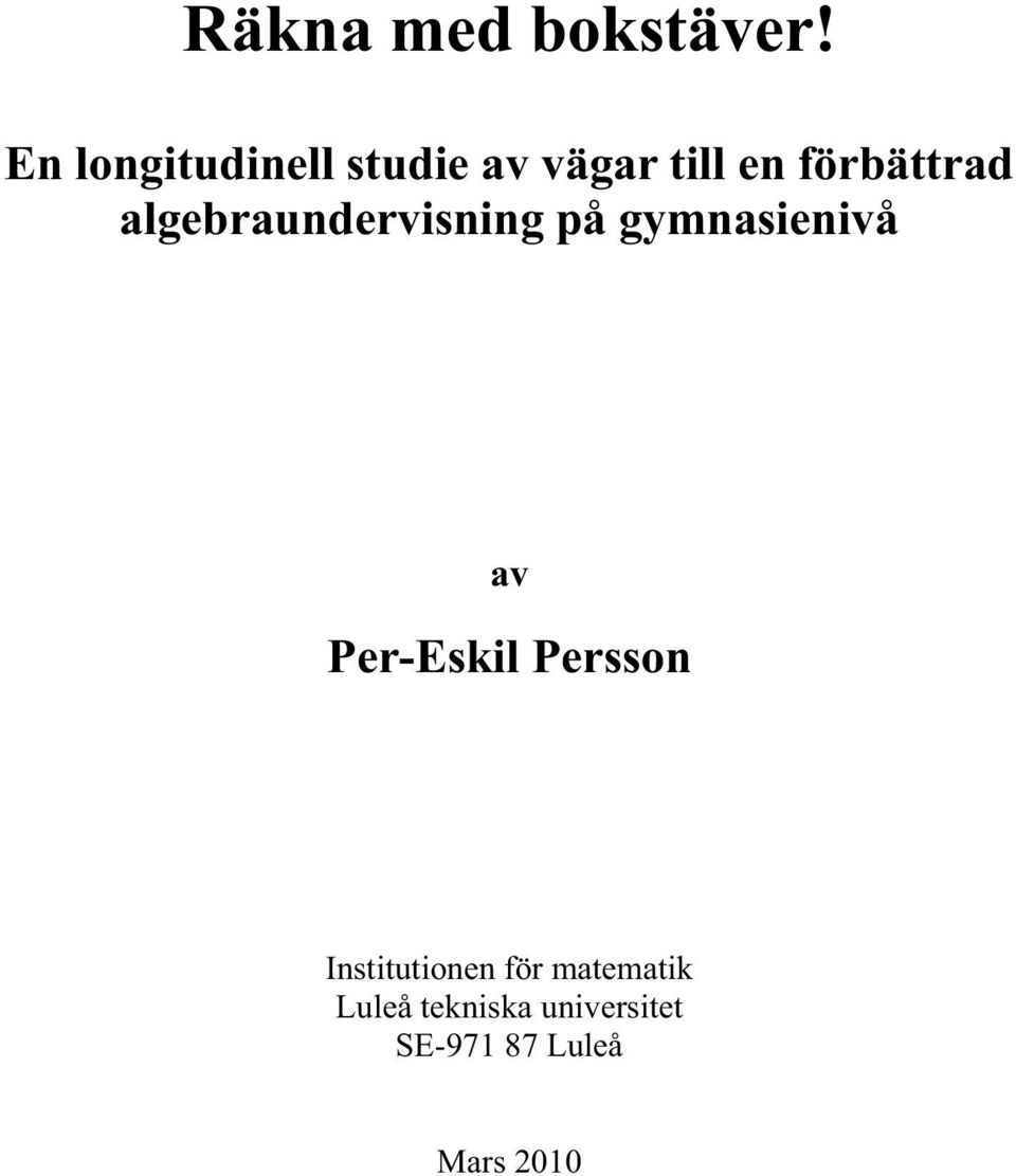 algebraundervisning på gymnasienivå av Per-Eskil