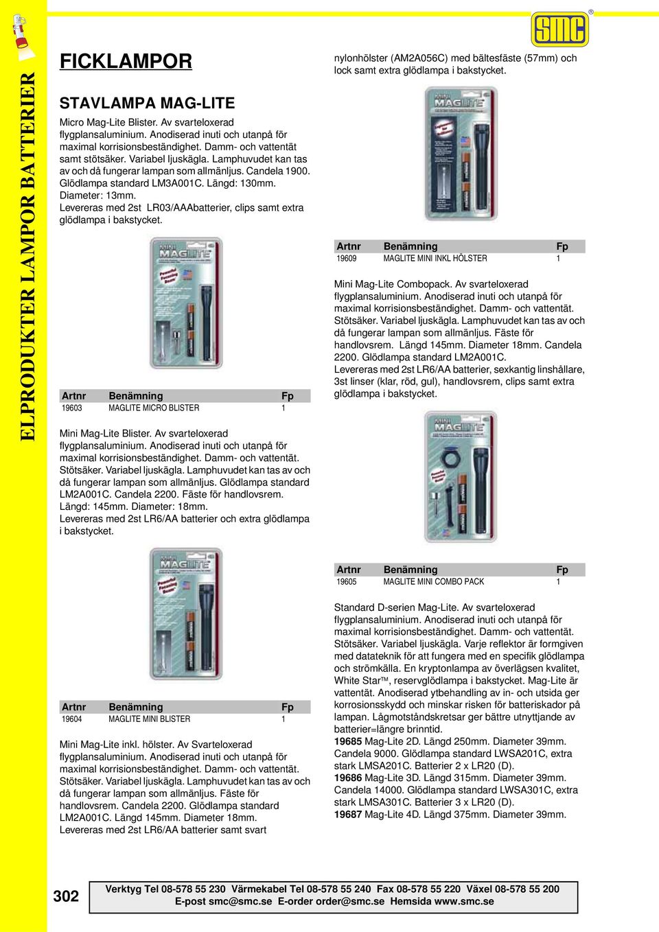 Levereras med 2st LR03/AAAbatterier, clips samt extra glödlampa i bakstycket. 19603 MAGLITE MICRO BLISTER 1 Mini Mag-Lite Blister. Av svarteloxerad flygplansaluminium.