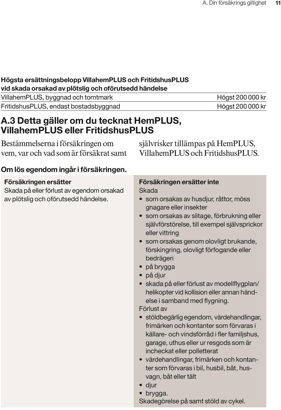 3 Detta gäller om du tecknat HemPLUS, VillahemPLUS eller FritidshusPLUS Bestämmelserna i försäkringen om vem, var och vad som är försäkrat samt Högst 200 000 kr Högst 200 000 kr självrisker tillämpas