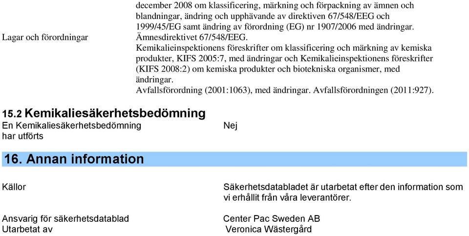 Kemikalieinspektionens föreskrifter om klassificering och märkning av kemiska produkter, KIFS 2005:7, med ändringar och Kemikalieinspektionens föreskrifter (KIFS 2008:2) om kemiska produkter och