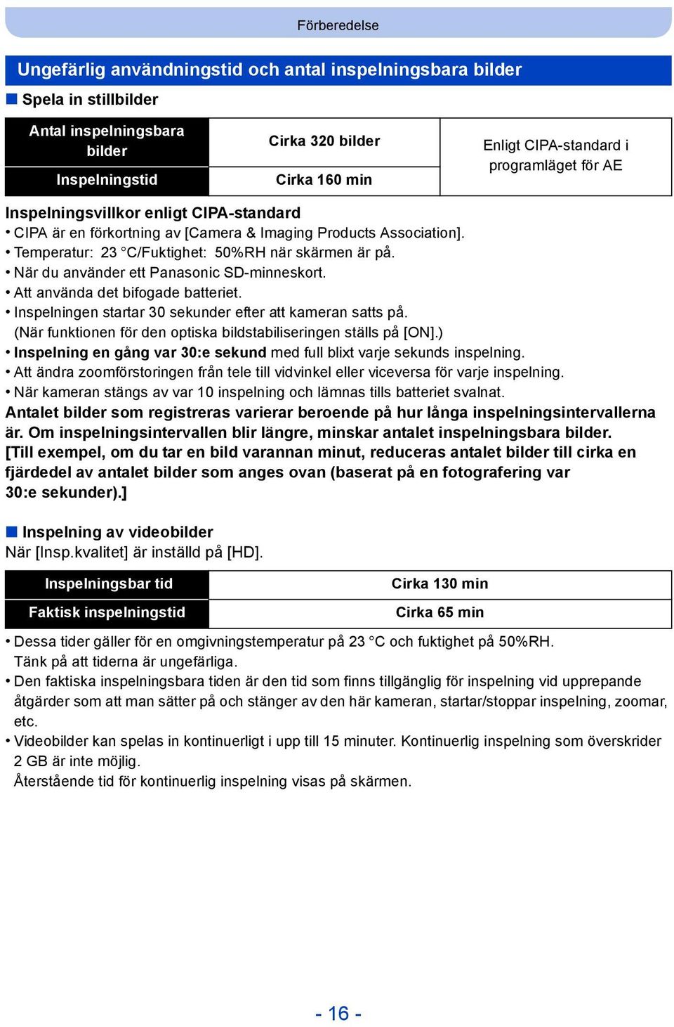 När du använder ett Panasonic SD-minneskort. Att använda det bifogade batteriet. Inspelningen startar 30 sekunder efter att kameran satts på.