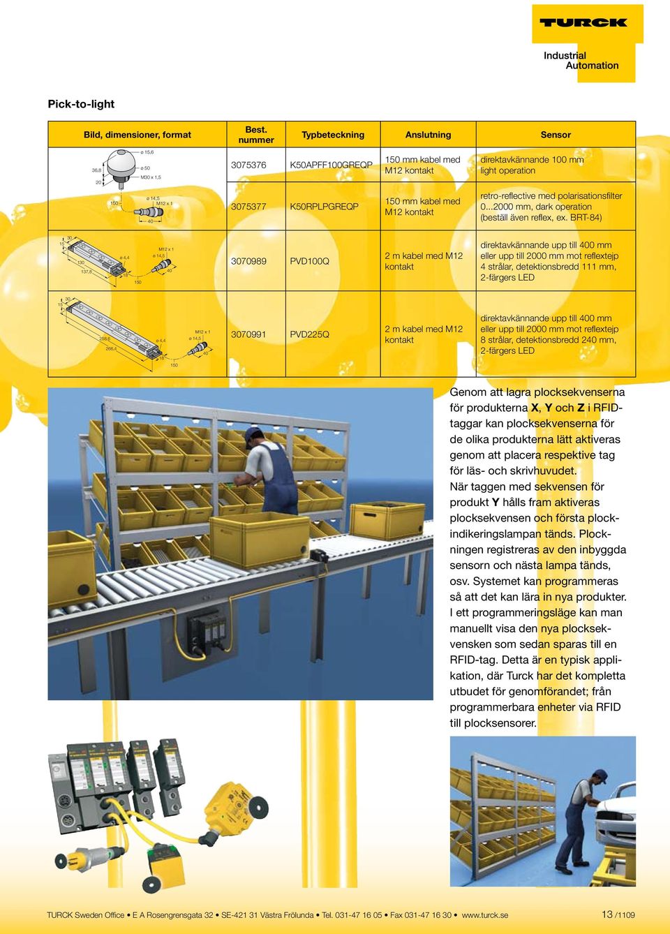 BRT-84) 3070989 PVD100Q 2 m kabel med M12 kontakt direktavkännande upp till 400 mm eller upp till 2000 mm mot reflextejp 4 strålar, detektionsbredd 111 mm, 2-färgers LED 3070991 PVD225Q 2 m kabel med