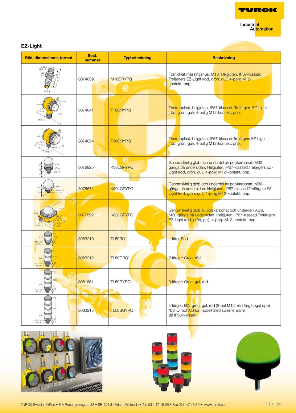 Trefärgers EZ-Light (röd, grön, gul), 4-polig M12-kontakt, pnp. 3078925 K30LGRYPQ Genomskinlig glob och underdel av polykarbonat, M30- gänga på undersidan. Helgjuten, IP67-klassad.