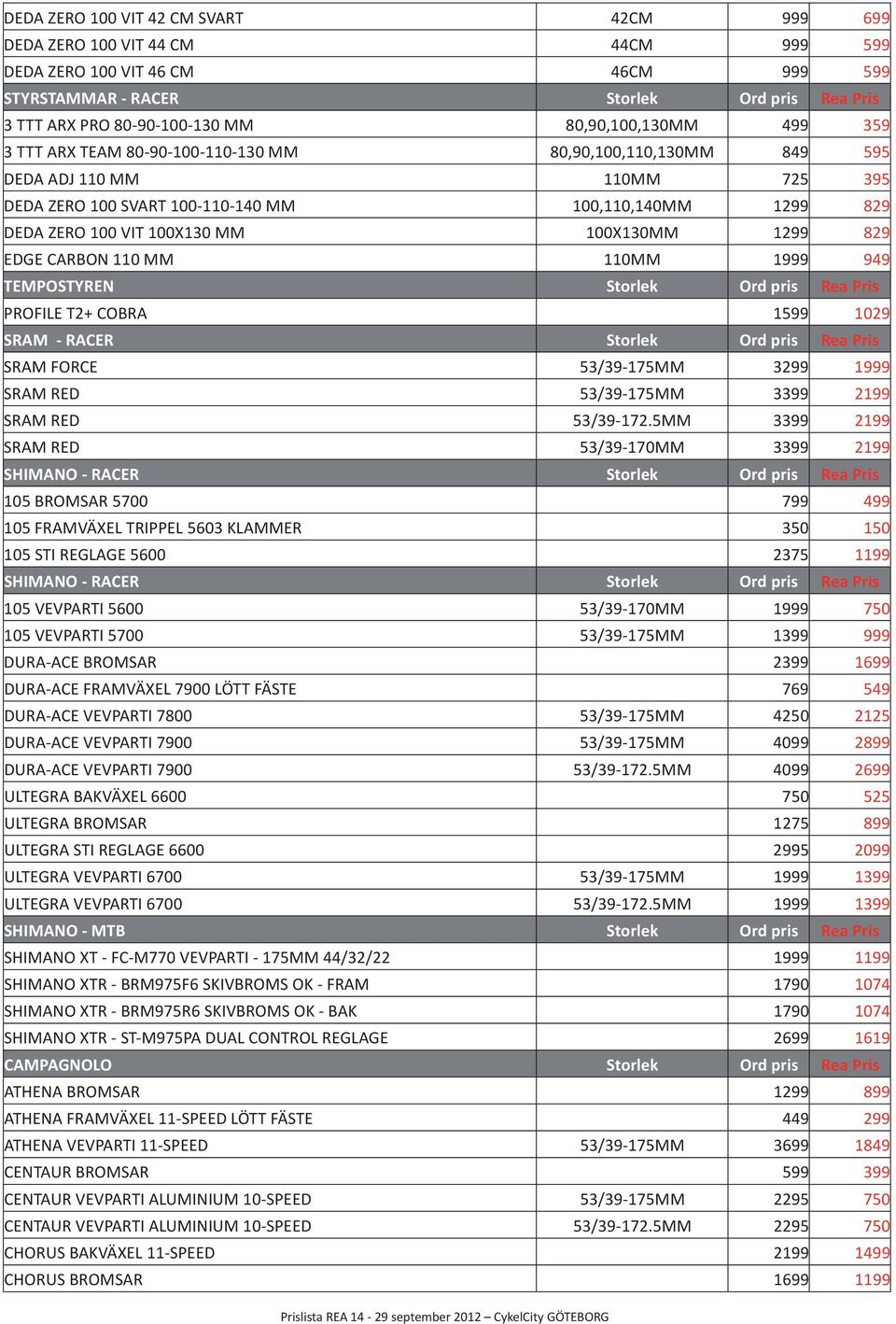 100X130 MM 100X130MM 1299 829 EDGE CARBON 110 MM 110MM 1999 949 TEMPOSTYREN Storlek Ord pris Rea Pris PROFILE T2+ COBRA 1599 1029 SRAM - RACER Storlek Ord pris Rea Pris SRAM FORCE 53/39-175MM 3299