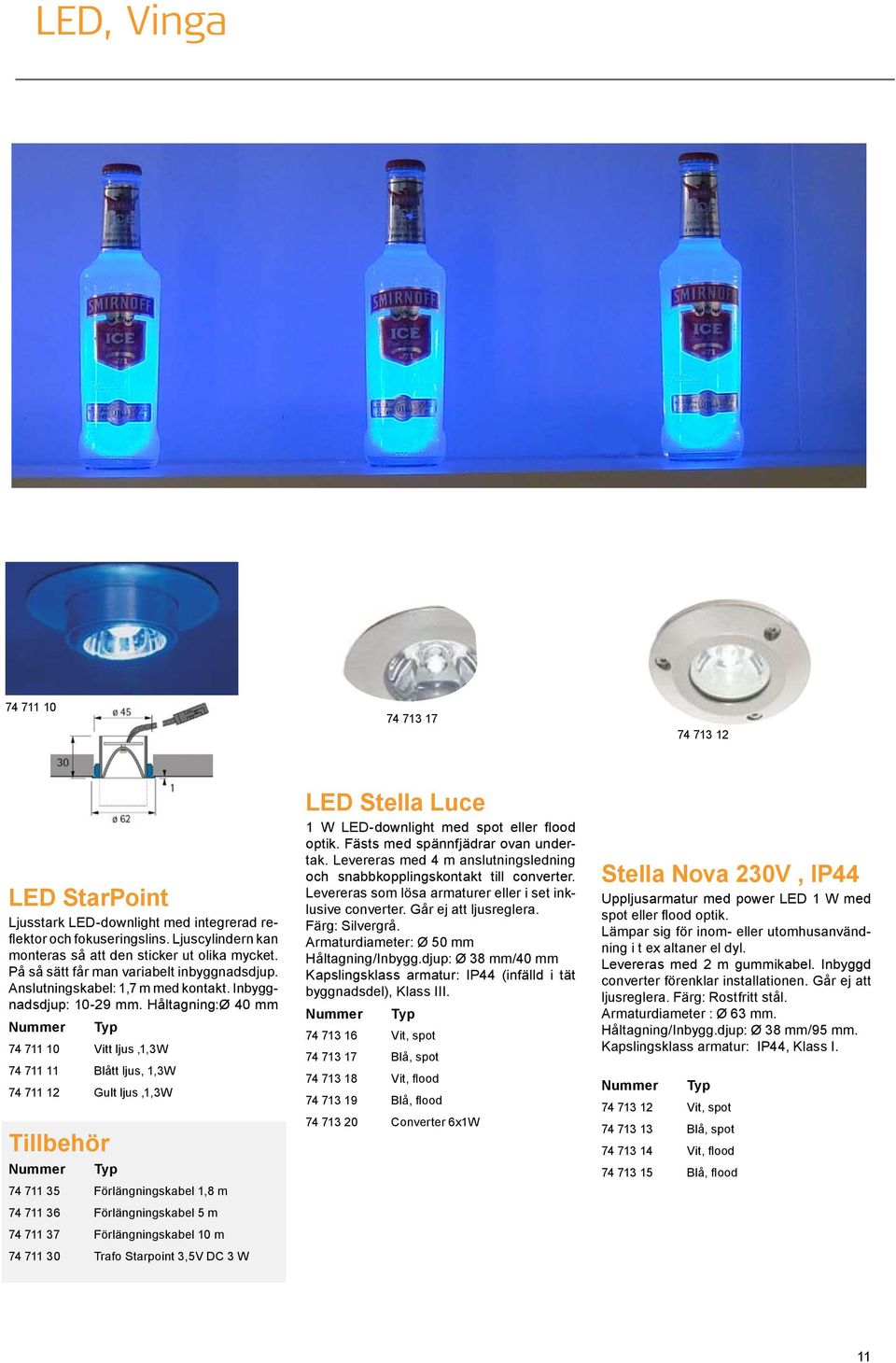 Håltagning:Ø 40 mm 74 711 10 Vitt ljus,1,3w 74 711 11 Blått ljus, 1,3W 74 711 12 Gult ljus,1,3w Tillbehör 74 711 35 Förlängningskabel 1,8 m 74 711 36 Förlängningskabel 5 m 74 711 37 Förlängningskabel