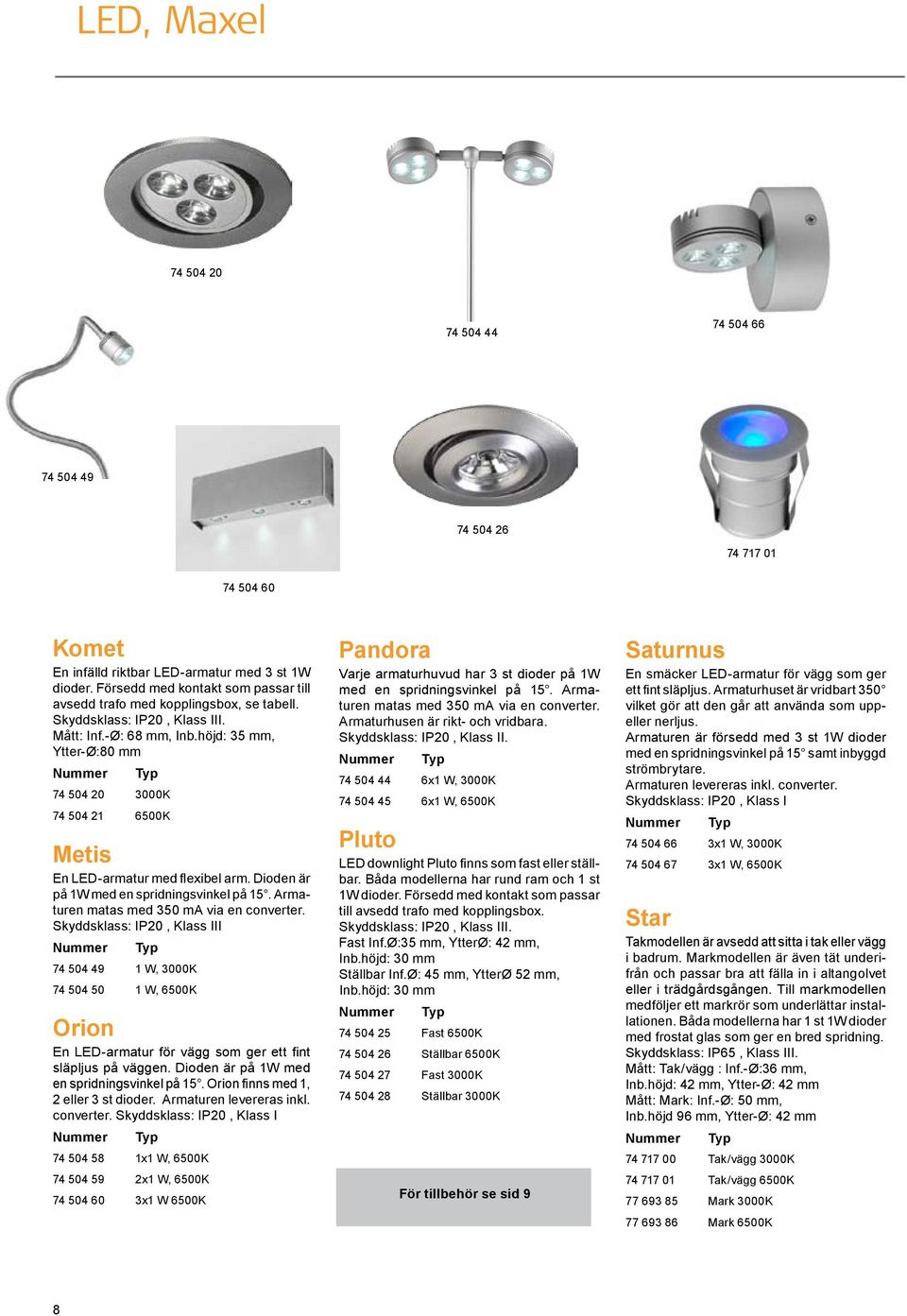 höjd: 35 mm, Ytter-Ø:80 mm 74 504 20 3000K 74 504 21 6500K Metis En LED-armatur med flexibel arm. Dioden är på 1W med en spridningsvinkel på 15. Armaturen matas med 350 ma via en converter.