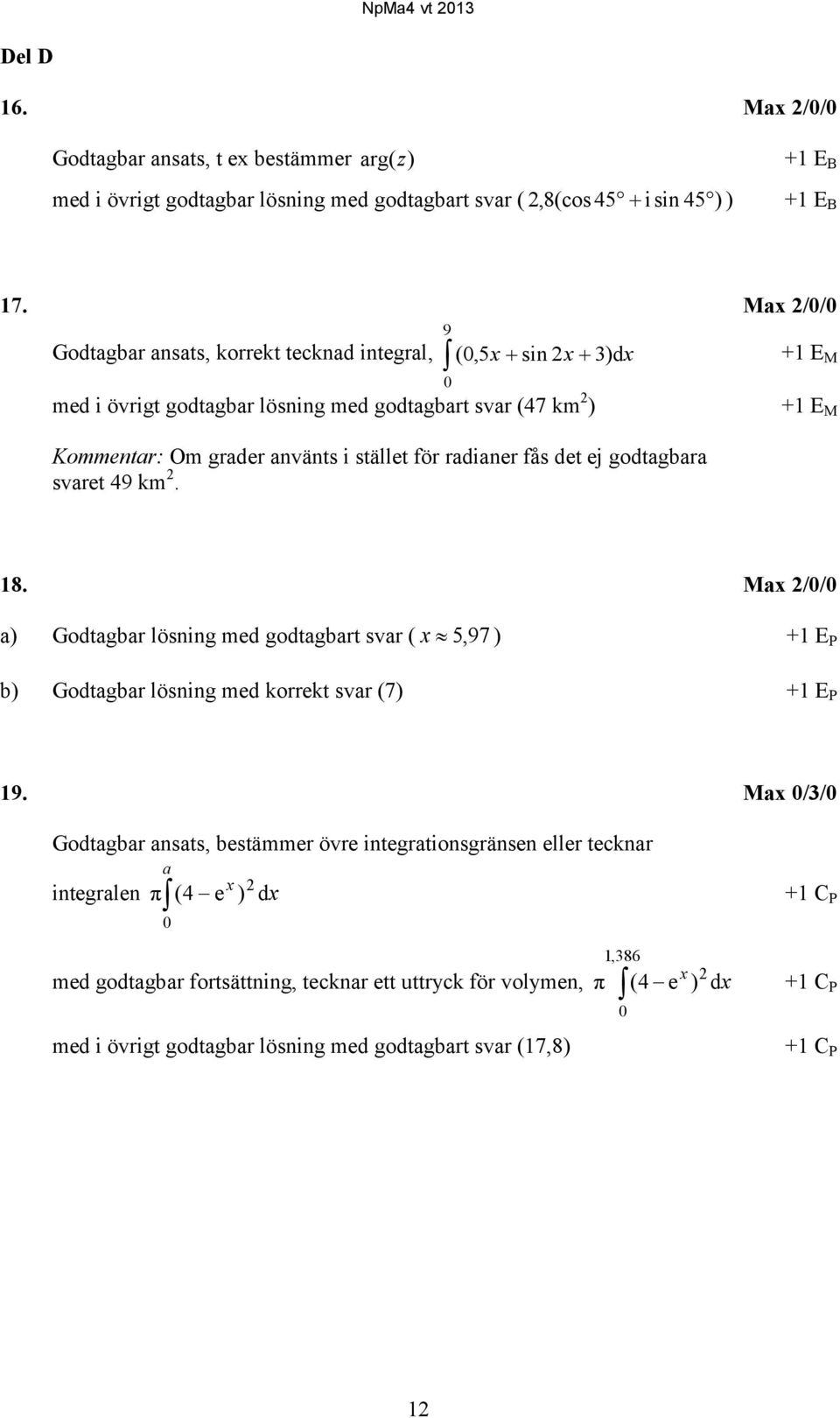 fås det ej godtagbara svaret 49 km 2. +1 E M 18. Max 2/0/0 a) Godtagbar lösning med godtagbart svar ( x 5, 97 ) +1 E P b) Godtagbar lösning med korrekt svar (7) +1 E P 19.