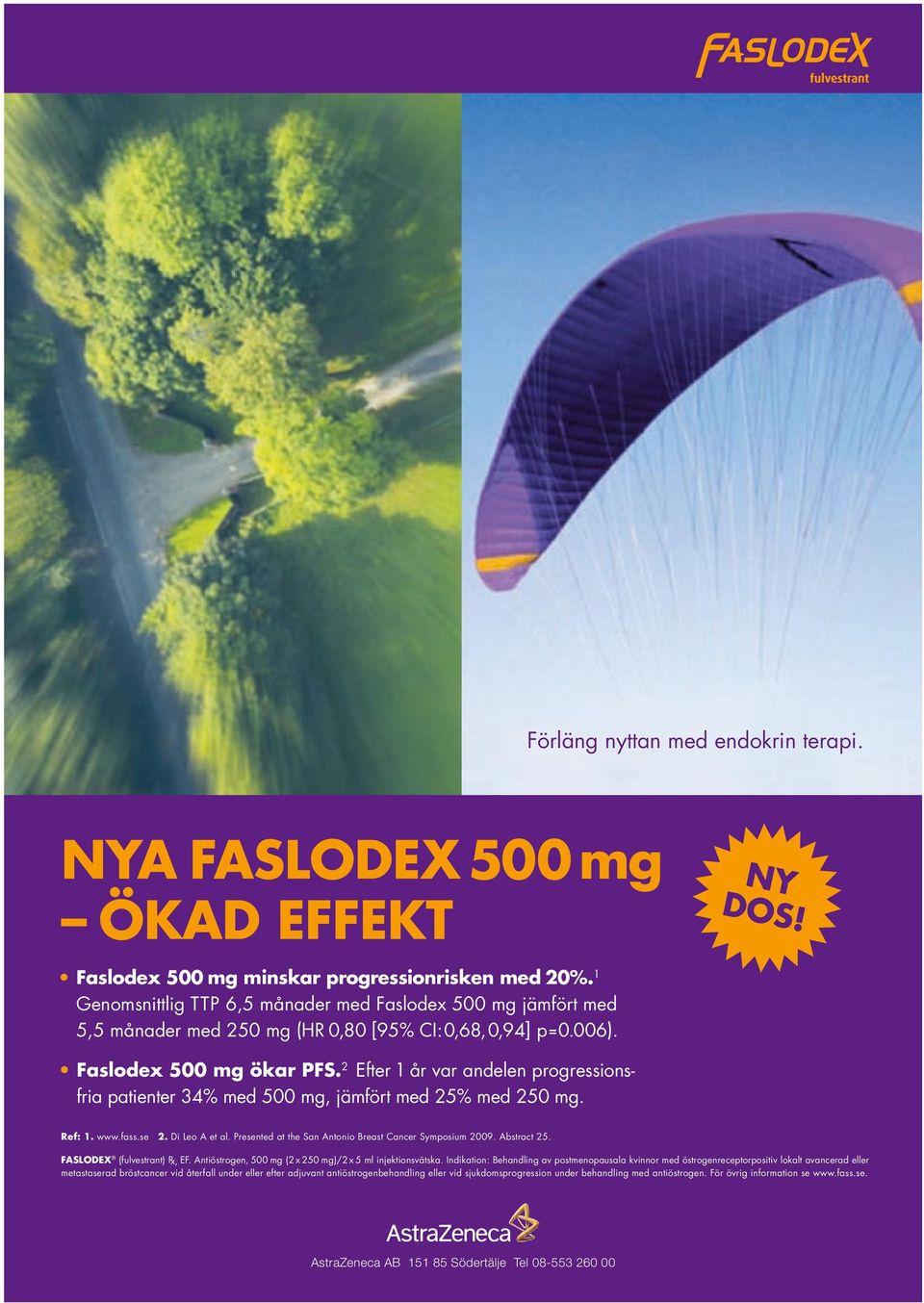 2 Efter 1 år var andelen progressionsfria patienter 34% med 500 mg, jämfört med 25% med 250 mg. Ref: 1. www.fass.se 2. Di Leo A et al. Presented at the San Antonio Breast Cancer Symposium 2009.