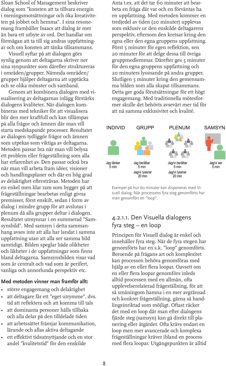 Visuell syftar på att dialogen görs synlig genom att deltagarna skriver ner sina synpunkter som därefter struktureras i områden/grupper.