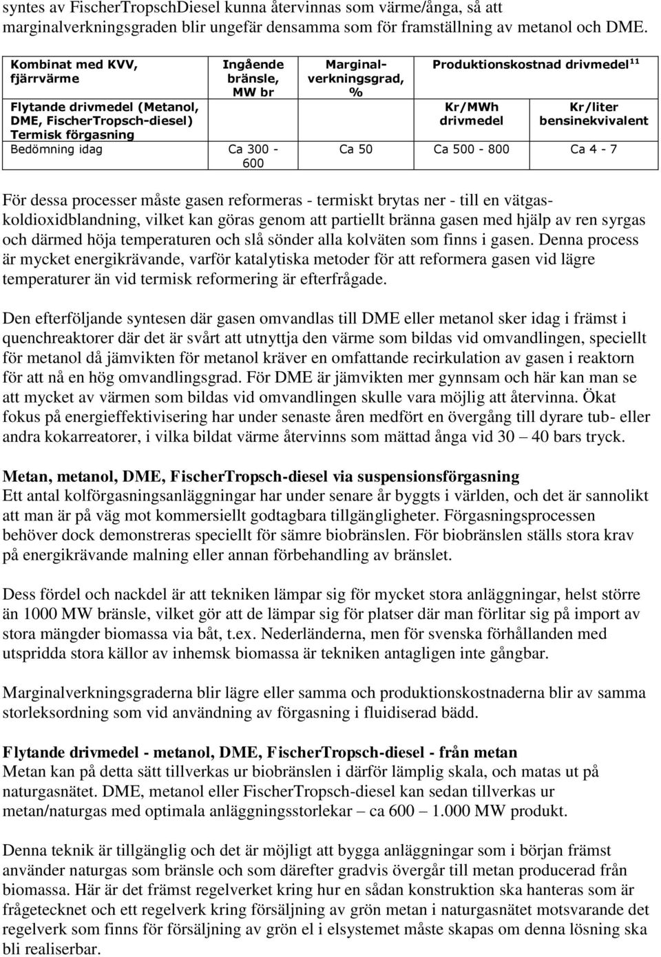 drivmedel 11 Kr/MWh drivmedel Kr/liter bensinekvivalent Ca 50 Ca 500-800 Ca 4-7 För dessa processer måste gasen reformeras - termiskt brytas ner - till en vätgaskoldioxidblandning, vilket kan göras