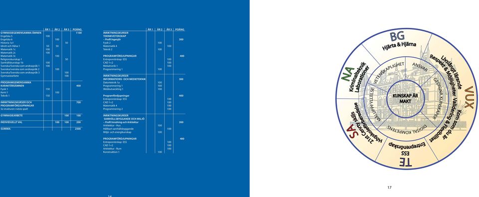 150 Kemi 1 100 Teknik 1 150 Inriktningskurser och 700 programfördjupningar Se strukturen i nästa spalt Gymnasiearbete 100 100 Individuellt val 100 100 200 SUMMA: 2500 år 1 År 2 År 3 poäng
