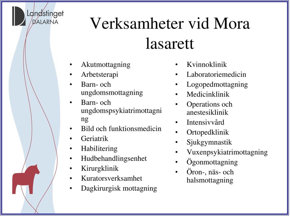 Kuratorsverksamhet Dagkirurgisk mottagning Kvinnoklinik Laboratoriemedicin Logopedmottagning Medicinklinik