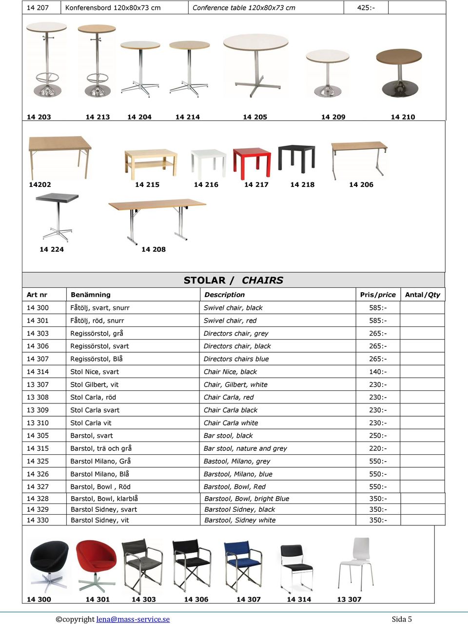 14 306 Regissörstol, svart Directors chair, black 265:- 14 307 Regissörstol, Blå Directors chairs blue 265:- 14 314 Stol Nice, svart Chair Nice, black 140:- 13 307 Stol Gilbert, vit Chair, Gilbert,