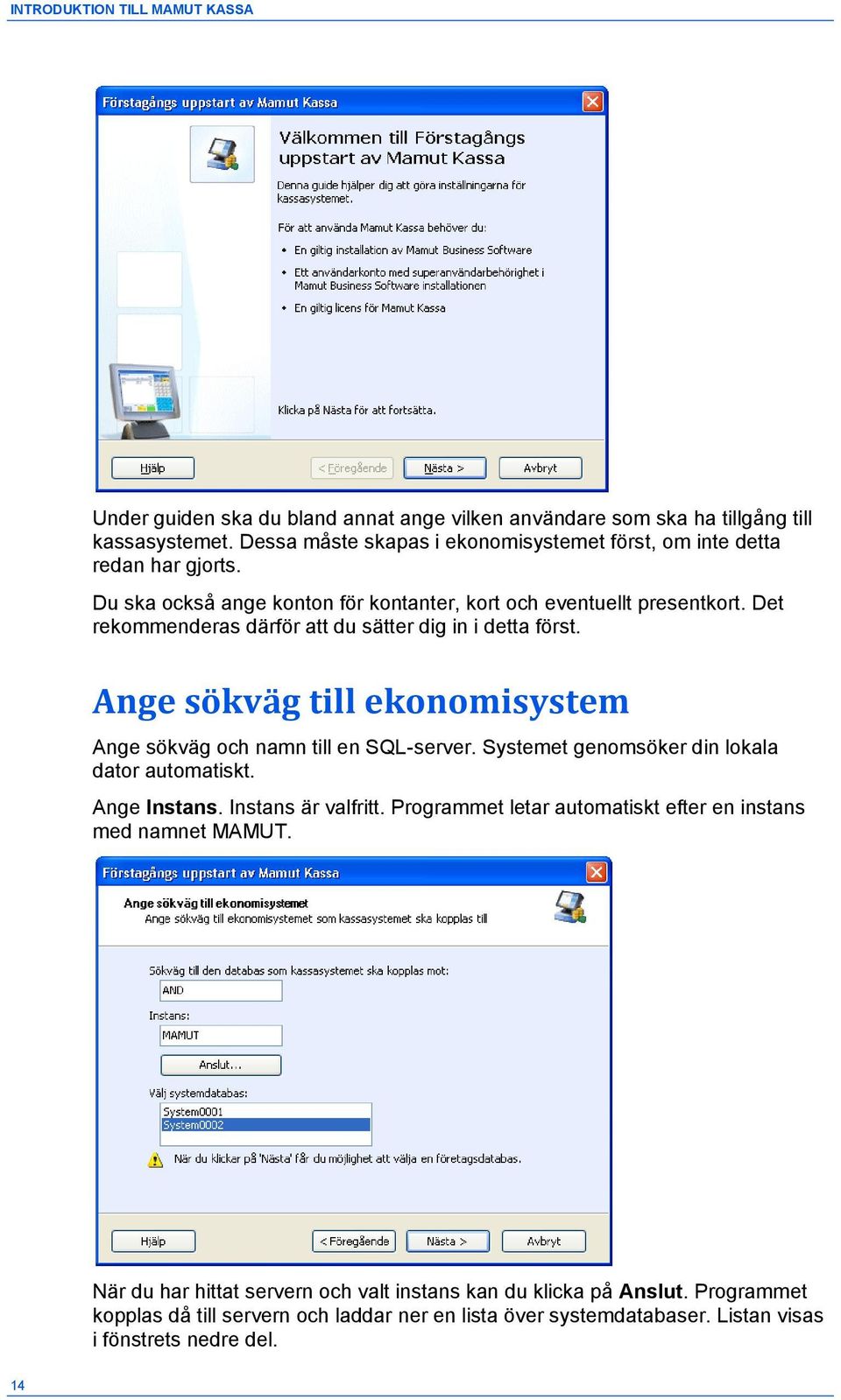 Det rekommenderas därför att du sätter dig in i detta först. Ange sökväg till ekonomisystem Ange sökväg och namn till en SQL-server. Systemet genomsöker din lokala dator automatiskt.