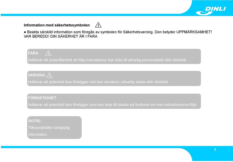 Indikerar att underlåtenhet att följa instruktioner kan leda till allvarlig personskada eller dödsfall. VARNING!