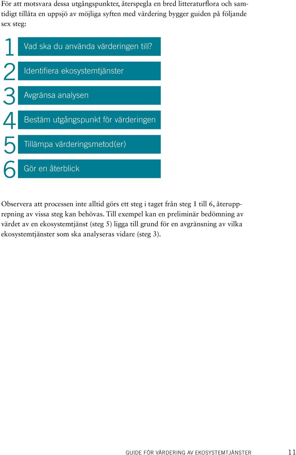 Identifiera ekosystemtjänster Avgränsa analysen Bestäm utgångspunkt för värderingen Tillämpa värderingsmetod(er) Gör en återblick Observera att processen inte alltid görs ett