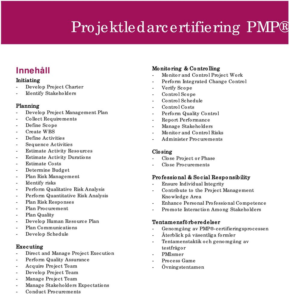 Quantitative Risk Analysis - Plan Risk Responses - Plan Procurement - Plan Quality - Develop Human Resource Plan - Plan Communications - Develop Schedule Executing - Direct and Manage Project