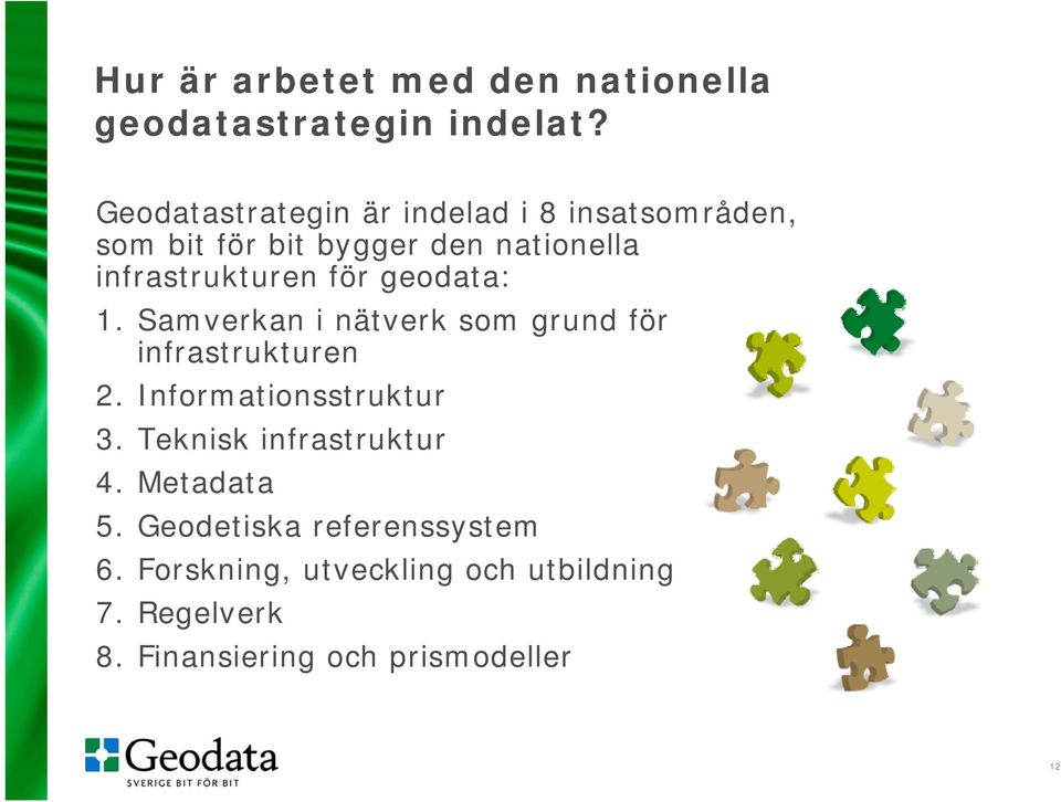 för geodata: 1. Samverkan i nätverk som grund för infrastrukturen 2. Informationsstruktur 3.