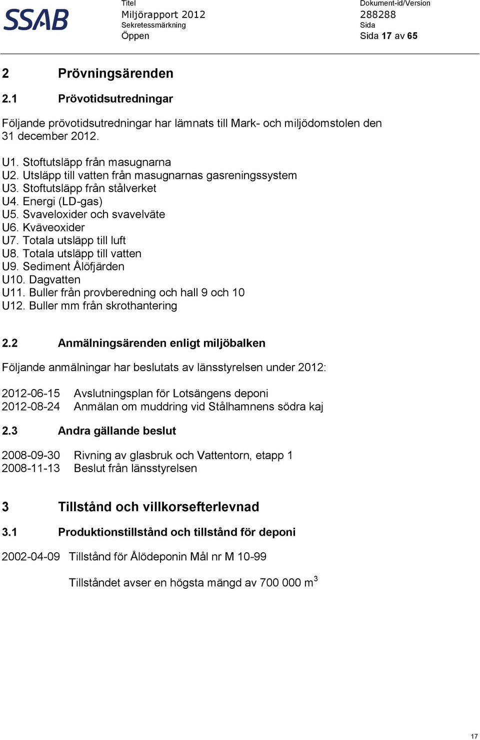 Totala utsläpp till vatten U9. Sediment Ålöfjärden U10. Dagvatten U11. Buller från provberedning och hall 9 och 10 U12. Buller mm från skrothantering 2.