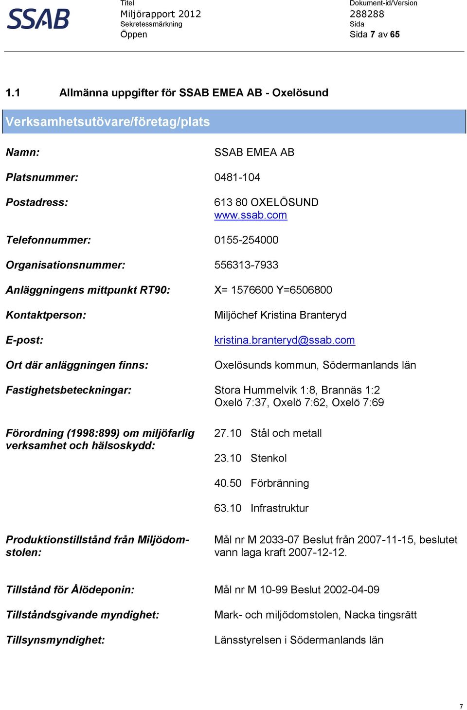 E-post: Ort där anläggningen finns: Fastighetsbeteckningar: Förordning (1998:899) om miljöfarlig verksamhet och hälsoskydd: SSAB EMEA AB 0481-104 613 80 OXELÖSUND www.ssab.