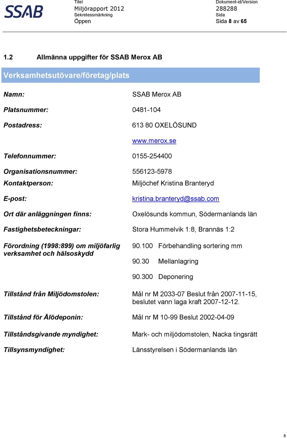 556123-5978 Miljöchef Kristina Branteryd kristina.branteryd@ssab.com Oxelösunds kommun, Södermanlands län Stora Hummelvik 1:8, Brannäs 1:2 90.100 Förbehandling sortering mm 90.30 Mellanlagring 90.