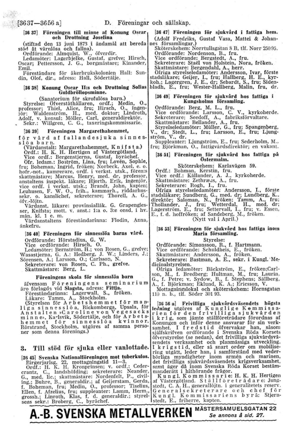 , adress: Hall, Södertälje. [36 38] Konung Oscar II:s oeh Drottning Solias Guldbröllopsminne, (Sanatorium för skrofulösa barn.) Stvrelse: öfverståthållaren, ordf.; Medin, O.