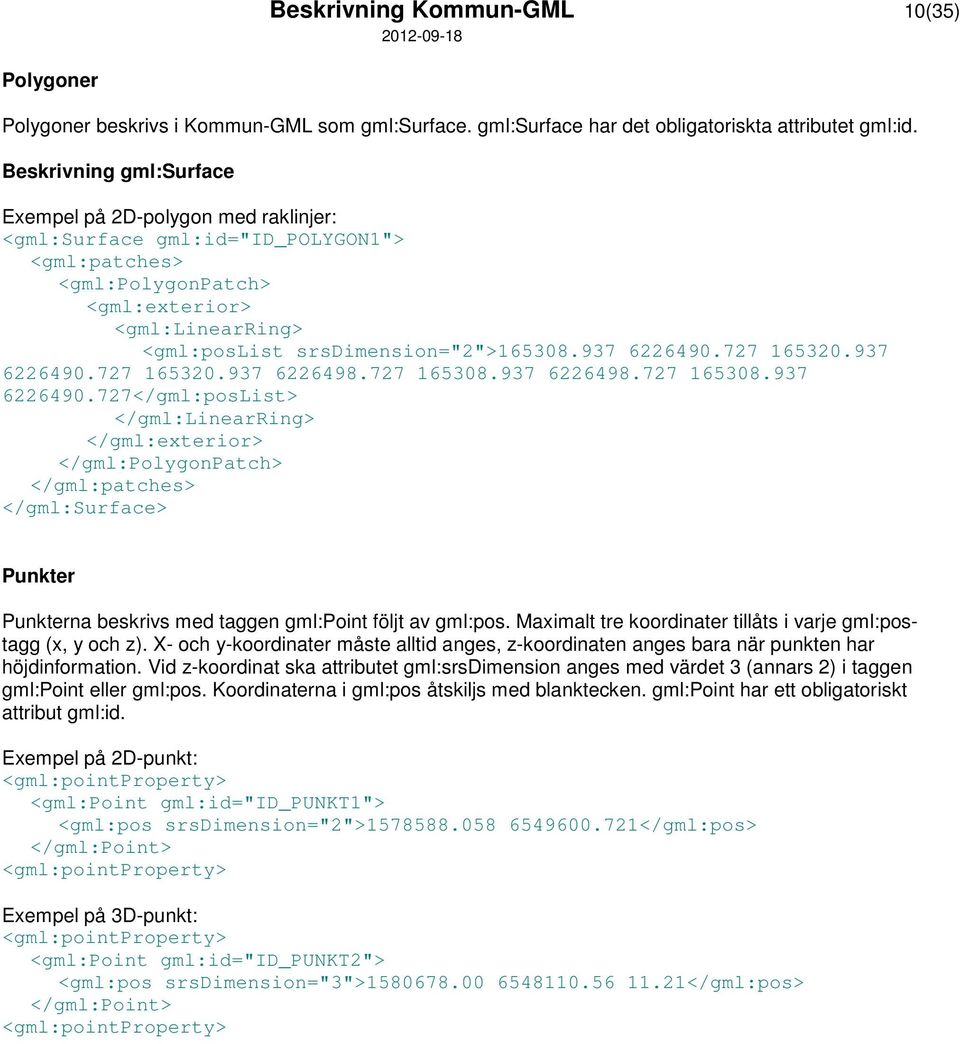 937 6226490.727 165320.937 6226490.727 165320.937 6226498.727 165308.937 6226498.727 165308.937 6226490.727</gml:posList> </gml:linearring> </gml:exterior> </gml:polygonpatch> </gml:patches> </gml:surface> Punkter Punkterna beskrivs med taggen gml:point följt av gml:pos.